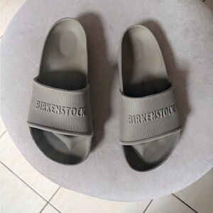 Birkenstock Gray Slide Sandals with Embossed Logo